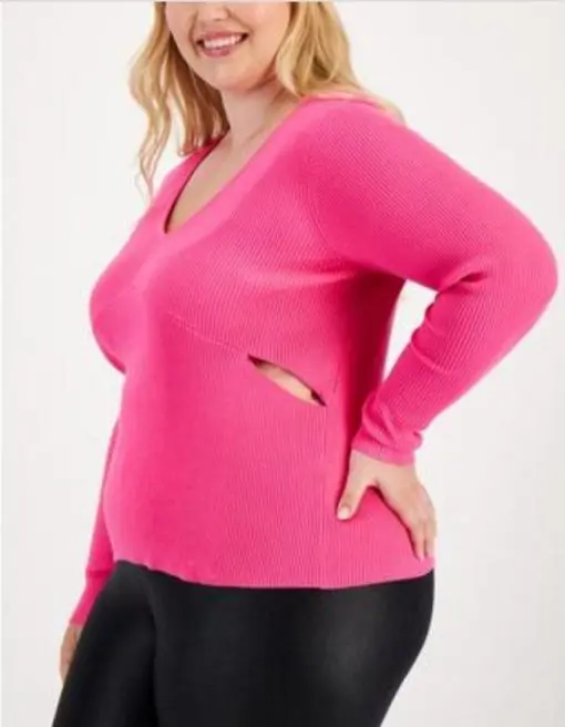 Bar Iii Trendy Plus Size V-Neck Cutout Sweater, Pink Shock 2X