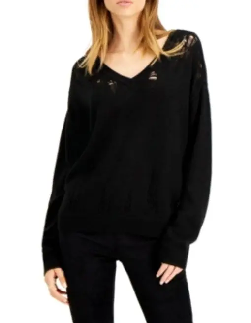 BAR III Womens Black Long Sleeve V Neck Sweater L