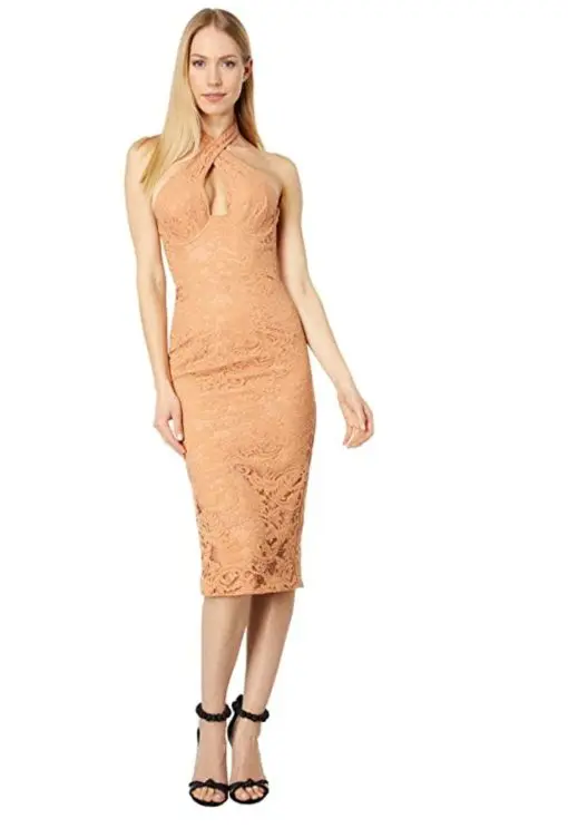 Bardot Womens Orange Slitted Zippered Corset Boning Lined Lace Sleeveless Halter Below the Knee Evening Sheath Dress M/6