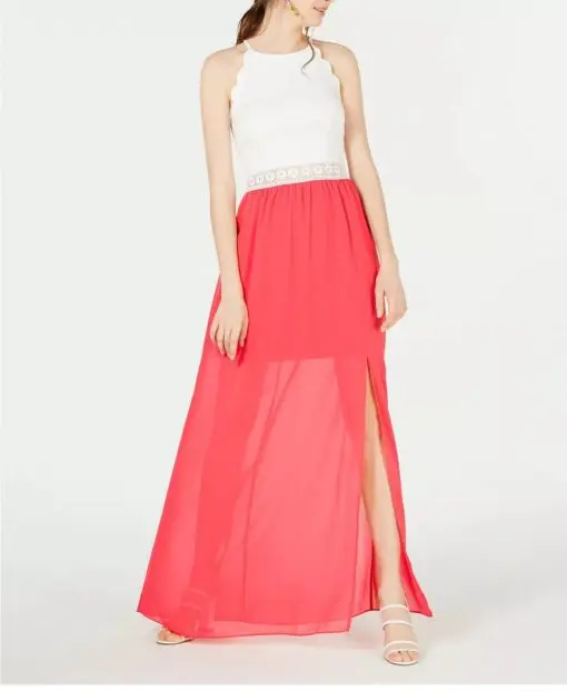 Bcx Juniors' Scalloped Lace & Chiffon Maxi Dress - Coral Size 9