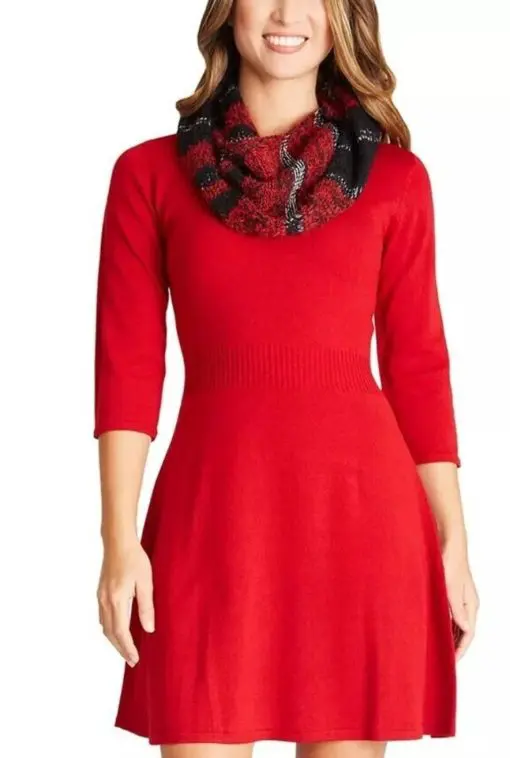 BCX Red Sweater Dress with Scarf L