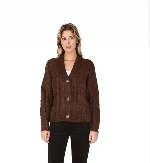 Black Tape Women's Button-up Patchwork Cable-Knit Cardigan - Chocolate Brown XL