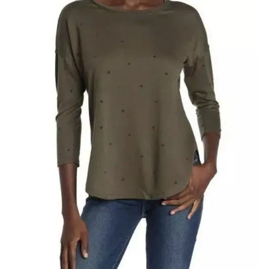 Bobeau small Heather Olive Crew Neck Polka Dots 3/4 Sleeve Tunic Shirt NWT.