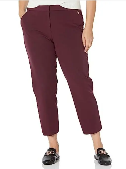 Calvin Klein Women's Plus Size Lux Stretch Straight Leg Belted 2 Button Tab Pant, Cranberry 24W