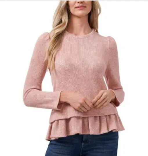 CeCe Womens Knit Ruffled Crewneck Sweater L