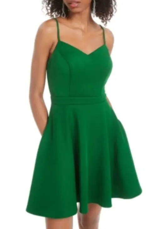 CITY STUDIO Womens Green Spaghetti Strap Mini Fit + Flare Party Dress Juniors 3