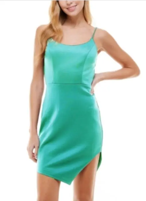 CITY STUDIO Womens Green Zippered Slitted Spaghetti Strap Scoop Neck Short Body Con Dress Juniors 15