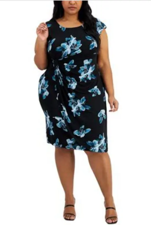 Connected Apparel Womens Plus Floral Print Gathered Wear to Work Dress 24W