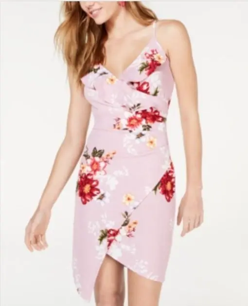 Crave FAME YOUNIQUE Womens Pink Ruffled Floral Spaghetti Strap V Neck Above the Knee Cocktail Body Con Dress Juniors XS