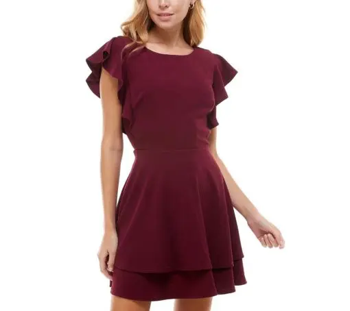 Crystal Doll Juniors' Ruffle-Sleeve Fit & Flare Dress - Burgundy S