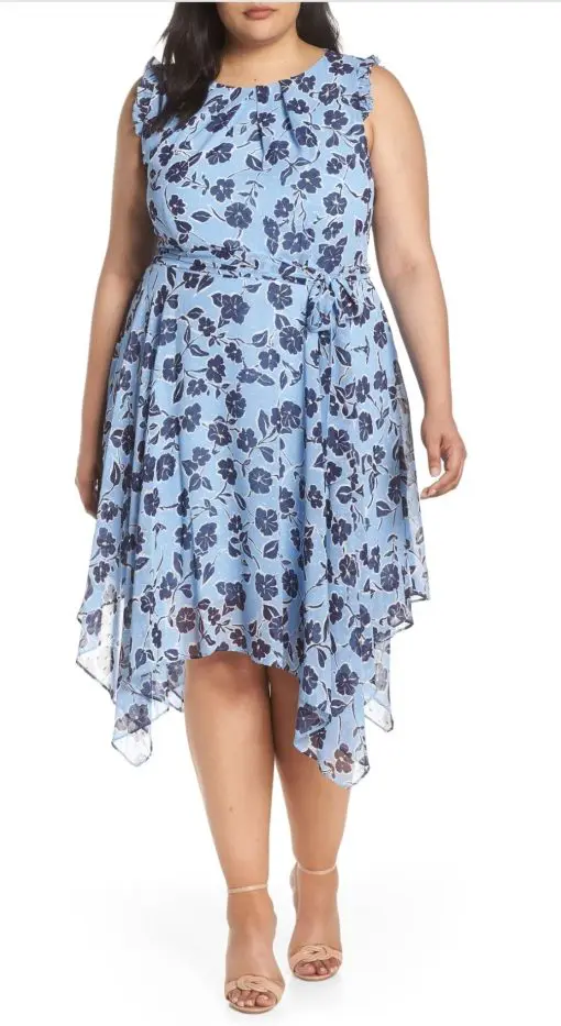 Eliza J Floral Handkerchief Hem Dress, Size 22W in Blue