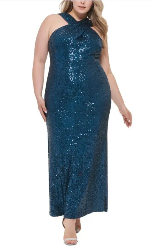 Eliza J Plus Size Sequined Crossover-Neck Gown - Peacock 22W