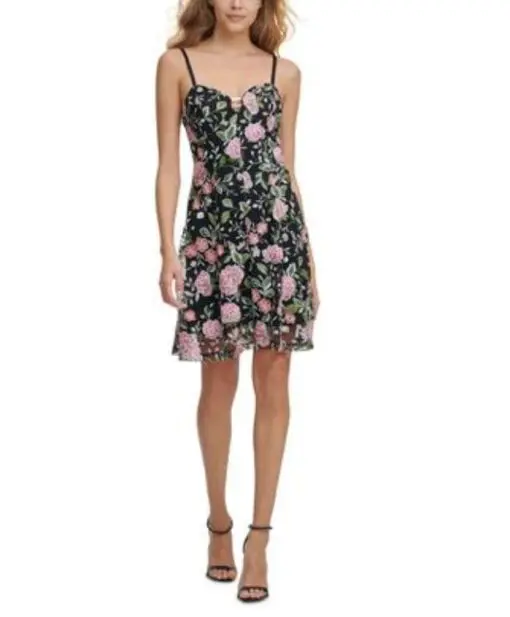 Guess Women's Floral Embroidered Sweetheart Mini Dress - Size 4