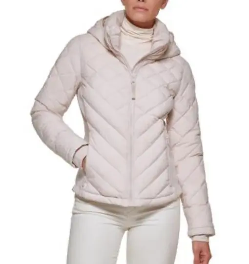 Calvin Klein Women's Side-Panel Hooded Packable Puffer Coat, Oyster, M