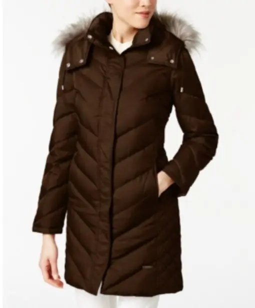 Kenneth Cole Hooded Faux-Fur-Trim Down Chevron Puffer Coat