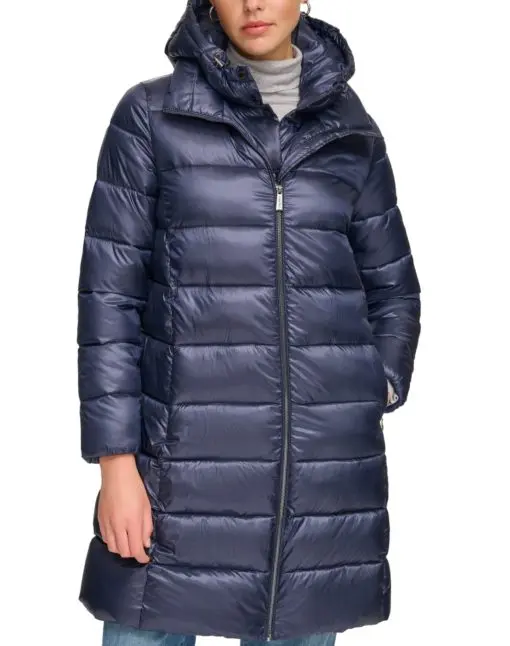 NWOT Calvin Klein Women's Shine Bibbed Hooded Packable Puffer Coat,- Shine Dark Indigo XS