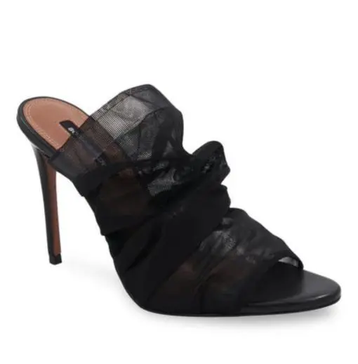 BCBGMAXAZRIA Sarani Black Ruched Mesh Heel Mule