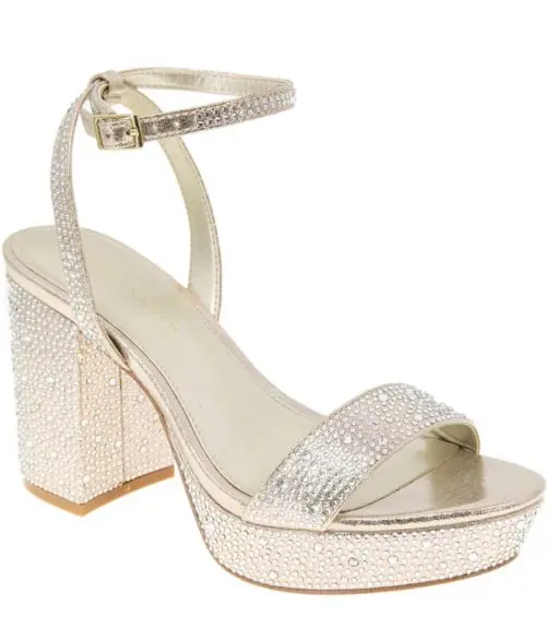 BCBGeneration Women's Pristal Rhinestone Platform Buckle Dress Sandals - Platino 9