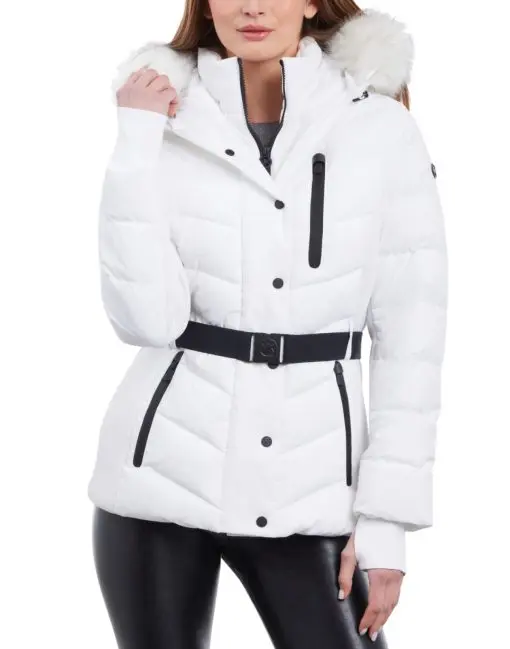 Michael Kors Women's Belted Faux-Fur-Trim Hooded Puffer Coat - White XL