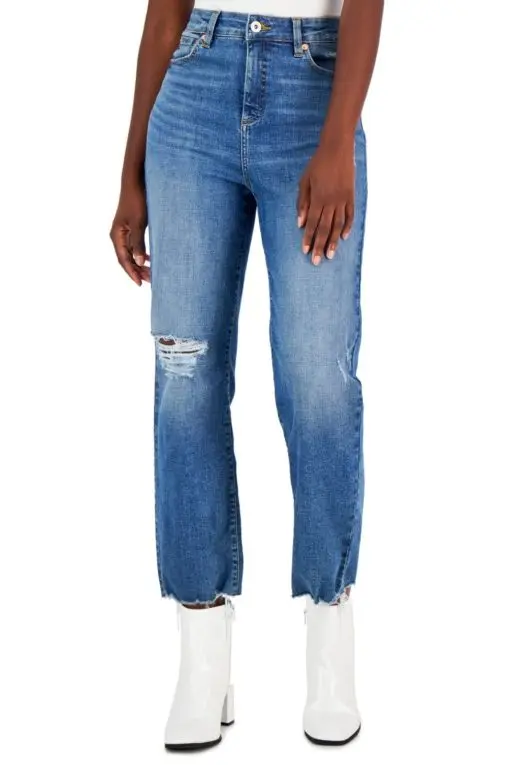 INC Women's High-Rise Distressed Straight-Leg Jeans, - Medium Indigo 12/31