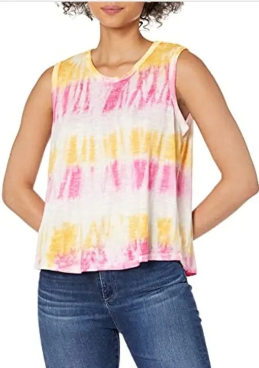 JESSICA SIMPSON Womens Gold Stretch Tie Dye Sleeveless Jewel Neck Tank Top XS