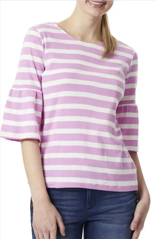 Jones New York Women S Stripe Flounce Sleeve Cotton Top Pink Size X-Large