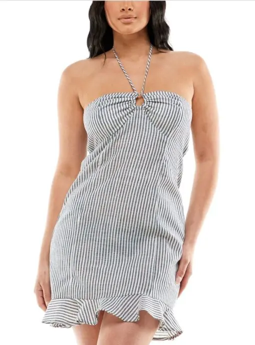 Juniors Womens Linen Blend Striped Halter Dress  XS