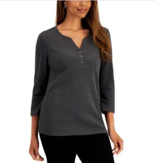 Karen Scott Cotton Henley V-Neck Top S