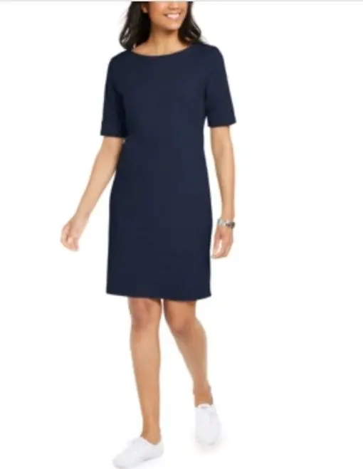 Karen Scott Petite Cotton Boat-Neck Elbow-Sleeve Dress, P/L