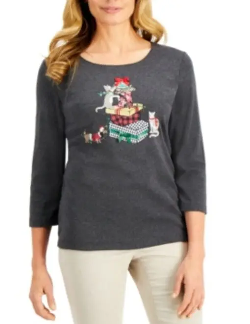 Karen Scott Petite Embellished Graphic Holiday Top, P/M