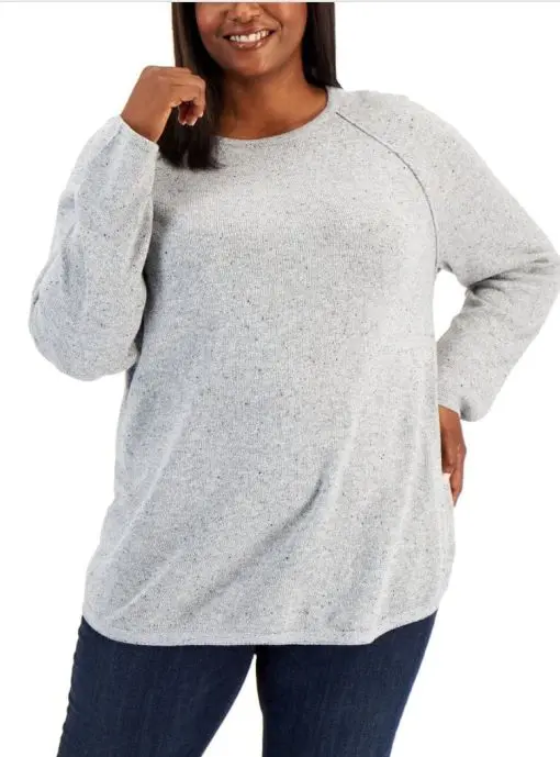 Karen Scott Plus Size Curved-Hem Nep Sweater, Smoke Grey Nep 1X