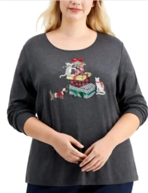 Karen Scott Plus Size Holiday Cat Top, 1X