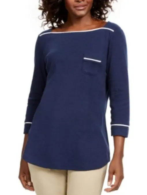 Karen Scott Women's Petite Piping-Trim T-Shirt Ps Intrepid Blue PS