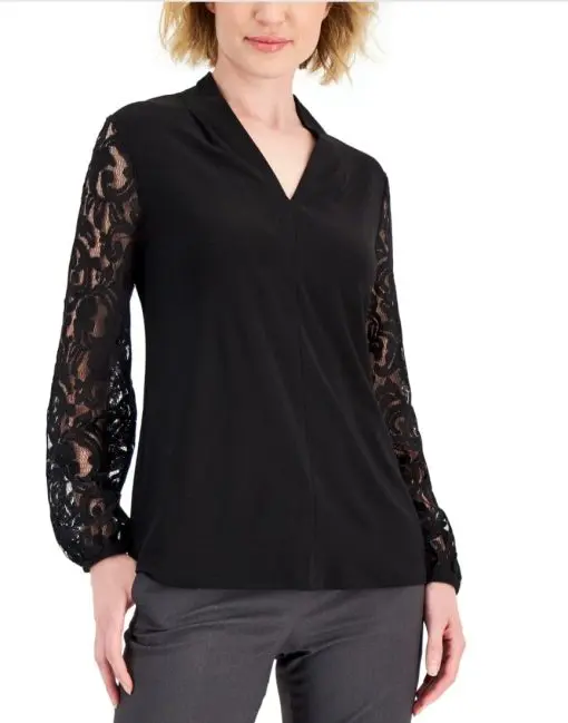 Kasper Women's V-Neck Lace-Sleeve Pleat-Front Blouse M