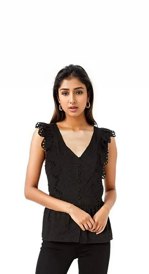 Kensie Black Sleeveless V Neck Boyfriend Eyelet Top M