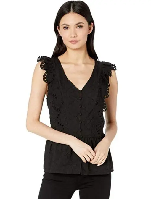 Kensie Black Sleeveless V Neck Boyfriend Eyelet Top XS