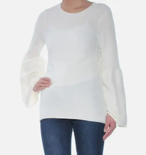 Kensie Womens Bell Sleeve Pullover Sweater, White, X-Small