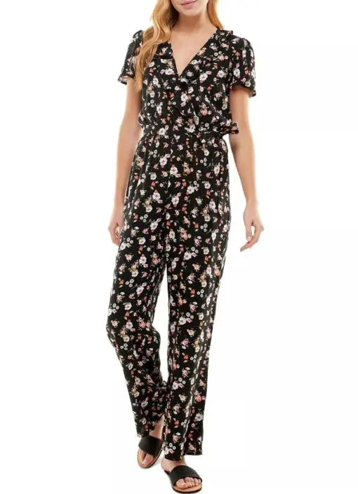 KINGSTON GREY Womens Black Ruffled Tie Pullover Unlined Floral Flutter Sleeve Surplice Neckline Wide Leg Jumpsuit Juniors S