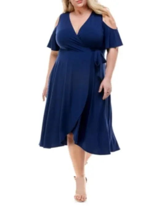 Kingston Grey Womens Plus Cold Shoulder Knee Fit & Flare Dress Navy 1X