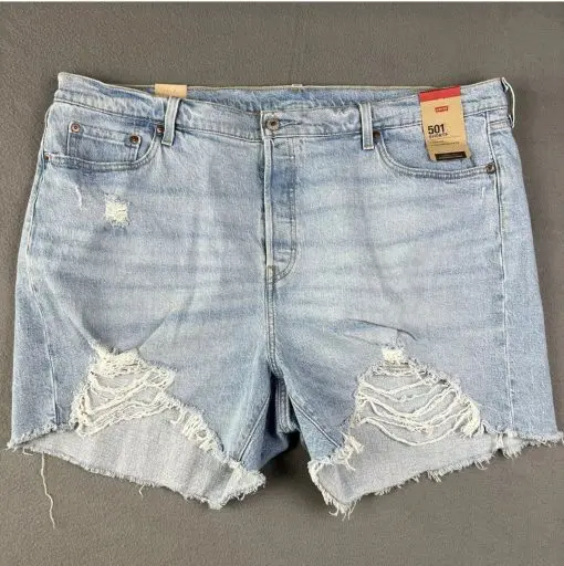 Levis 501 Jean Shorts Womens 22W Blue Denim Distressed Button Fly High Rise