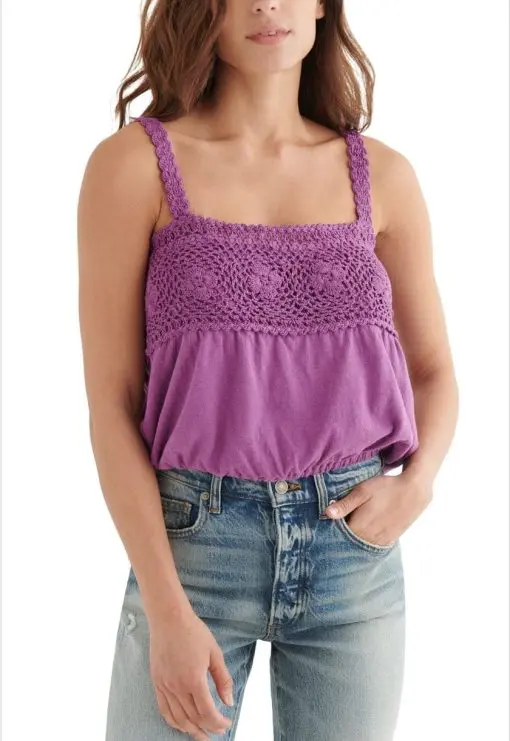 Lucky Brand Crochet Detail Cotton & Linen Bubble Tank Top, Size Medium in Rhapsody at Nordstrom M