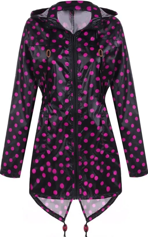 Meaneor Women's Waterproof Raincoat Outdoor Hooded Rain Jacket Black and Rose Red Polka Dot XXL