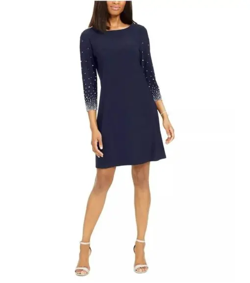 MSK Sheath Dress Size Small Navy Blue Jersey Embellished Sleeve S