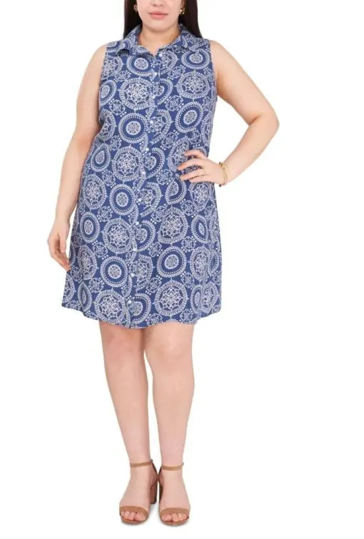 MSK Womens Blue Printed Sleeveless Point Collar Above the Knee Wear to Work Shirt Dress Plus 2X