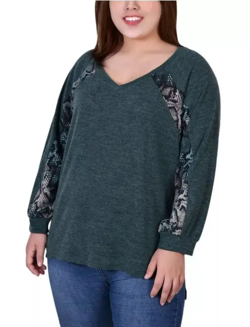 NY COLLECTION Plus Size Long Sleeve Combo Top L