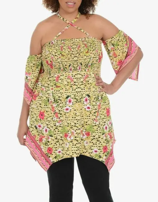 NY Collection Women's Plus Size 1X Green Floral Strappy Babydoll Tunic Top 1X