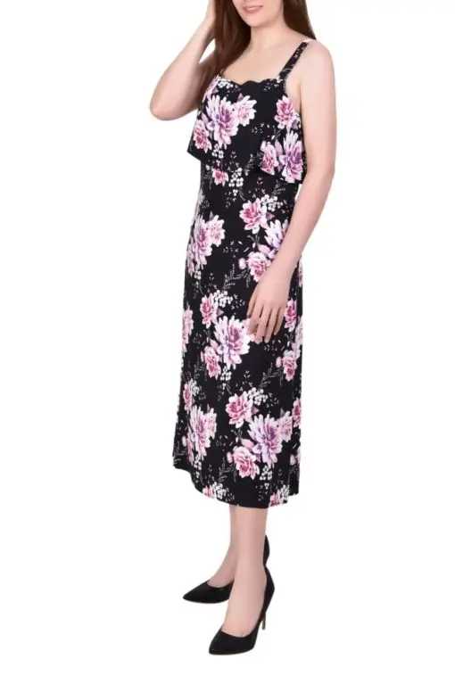 NY Collection Women's Wide Strap with Bodice Overlay Sundress - Black-Pink Floral M