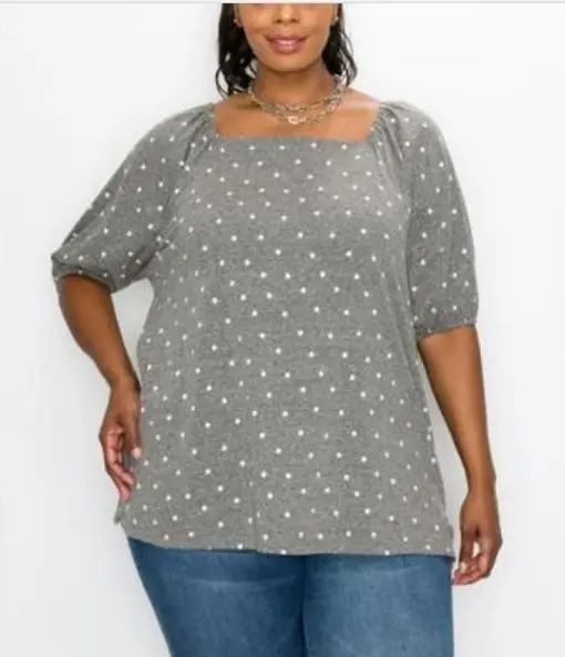 Plus Size Dot Print Square Neck Peasant Tee - Gray 2X