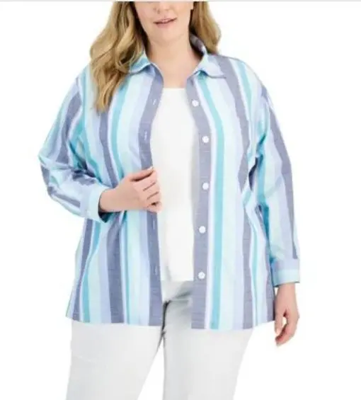 Plus Womens Collared Striped Button-Down Top 2X