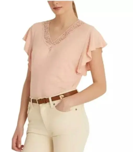 RALPH LAUREN Sheer Flutter Sleeve V Neck Top M